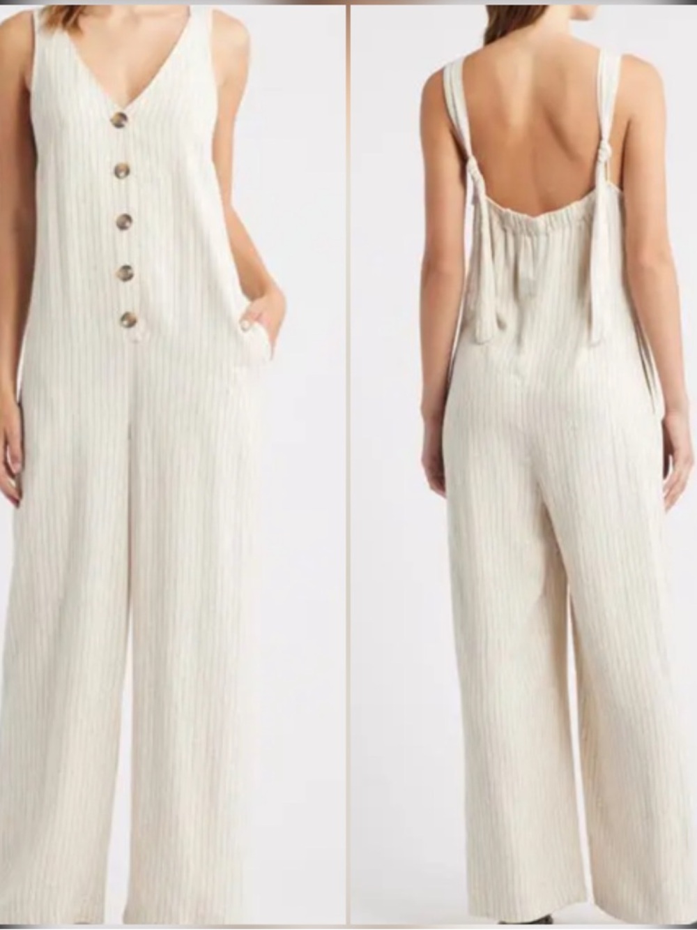 Topshop Cream Striped Wide-Leg Linen Jumpsuit